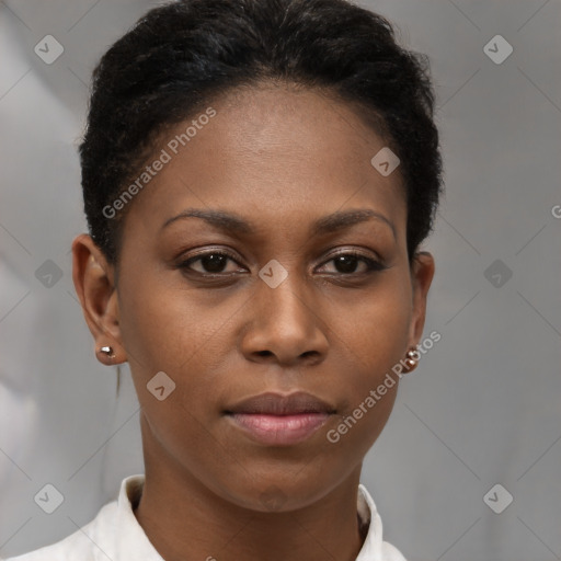 Neutral black young-adult female with short  brown hair and brown eyes