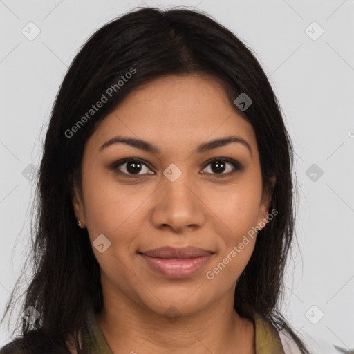 Joyful latino young-adult female with long  brown hair and brown eyes