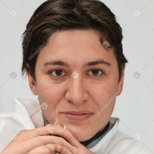 Joyful white adult female with short  brown hair and brown eyes