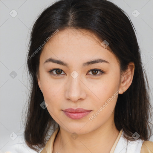 Neutral asian young-adult female with medium  brown hair and brown eyes