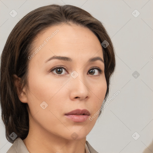 Neutral white young-adult female with medium  brown hair and brown eyes