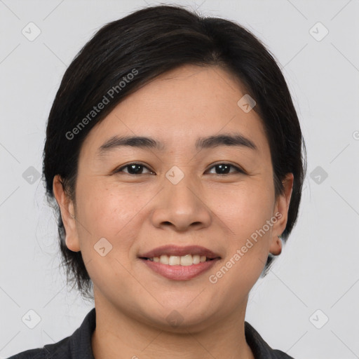 Joyful white young-adult female with medium  brown hair and brown eyes