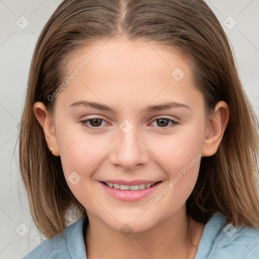 Joyful white child female with medium  brown hair and brown eyes