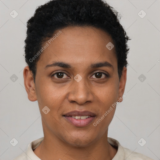 Joyful black young-adult female with short  brown hair and brown eyes