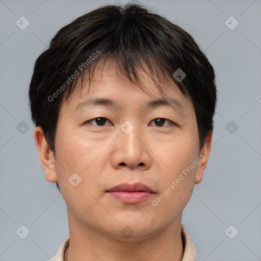 Neutral asian young-adult male with short  brown hair and brown eyes