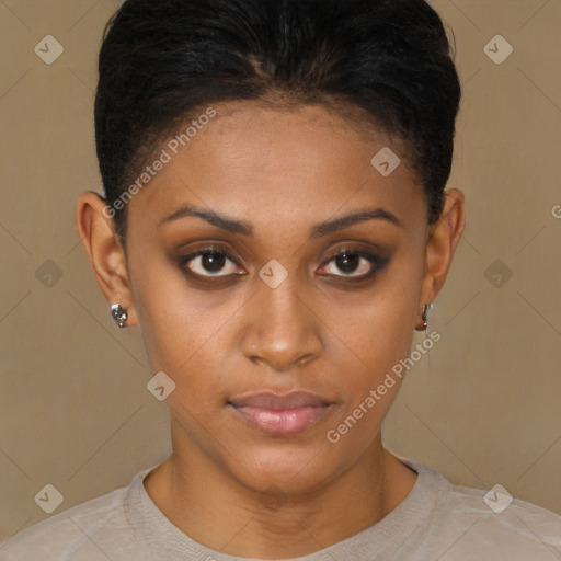 Joyful latino young-adult female with short  brown hair and brown eyes