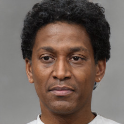 Neutral black adult male with short  black hair and brown eyes