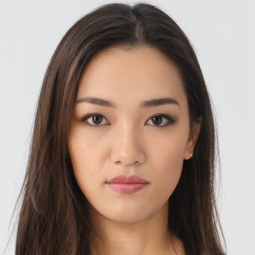 Neutral asian young-adult female with long  brown hair and brown eyes