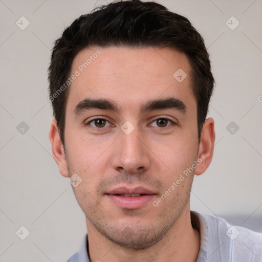 Neutral white young-adult male with short  brown hair and brown eyes