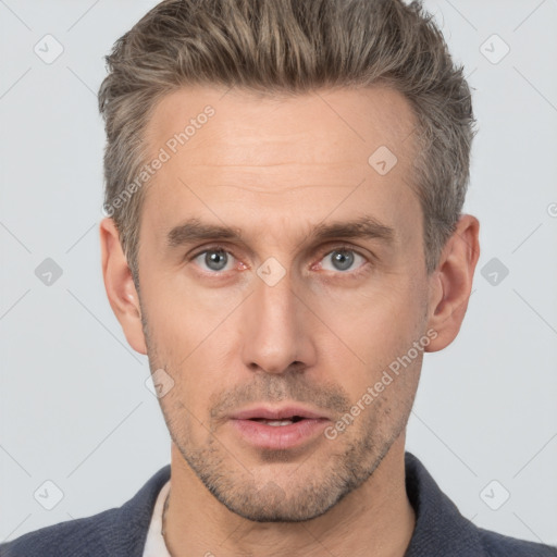 Neutral white adult male with short  brown hair and brown eyes