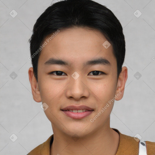 Joyful asian young-adult male with short  black hair and brown eyes