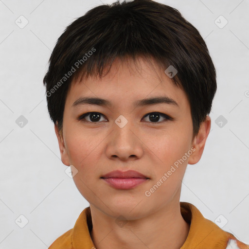 Joyful asian young-adult female with short  brown hair and brown eyes