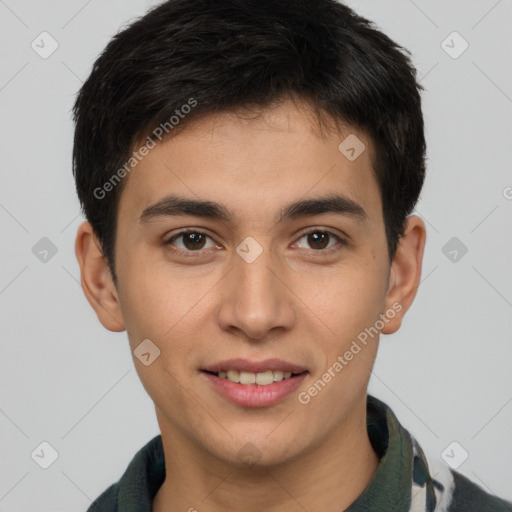 Joyful white young-adult male with short  brown hair and brown eyes