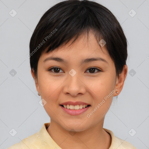 Joyful asian young-adult female with short  brown hair and brown eyes