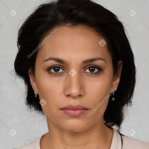 Neutral white young-adult female with medium  brown hair and brown eyes