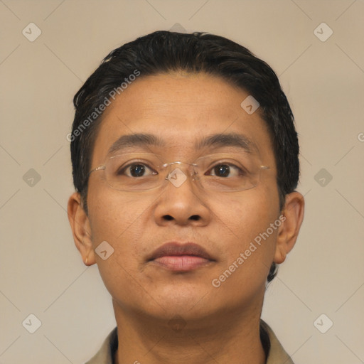 Neutral asian young-adult male with short  black hair and brown eyes