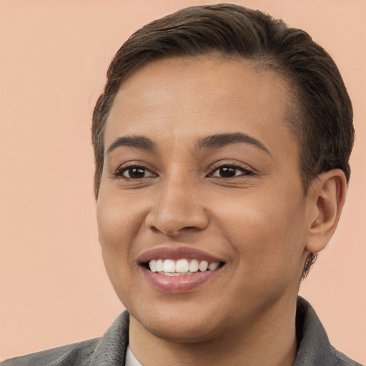 Joyful white young-adult female with short  brown hair and brown eyes