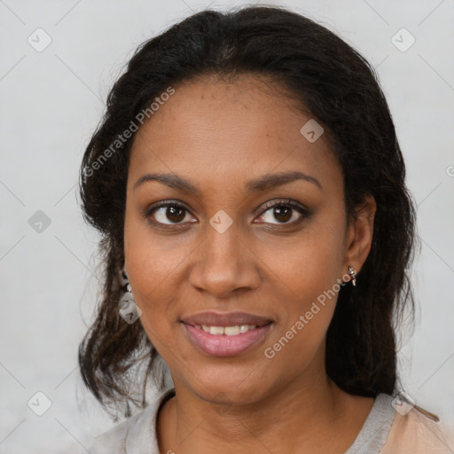 Joyful black young-adult female with medium  brown hair and brown eyes