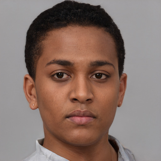 Neutral black young-adult male with short  brown hair and brown eyes