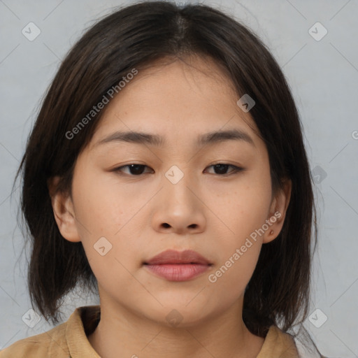 Neutral asian young-adult female with medium  brown hair and brown eyes