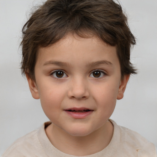 Joyful white child female with short  brown hair and brown eyes