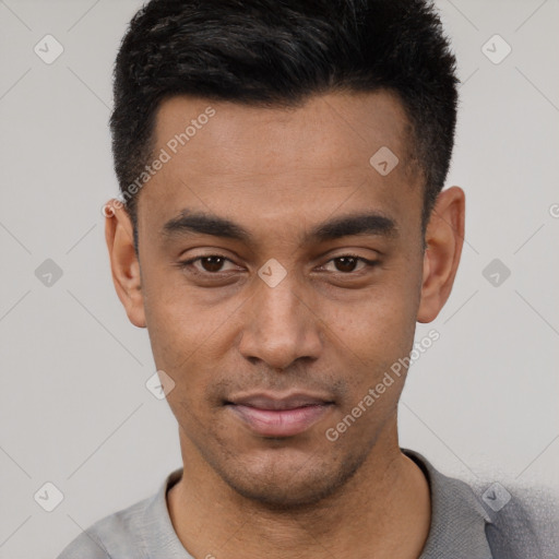 Neutral latino young-adult male with short  black hair and brown eyes