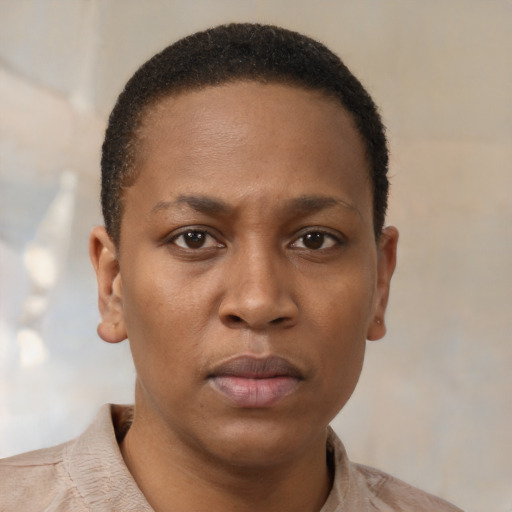 Neutral black young-adult female with short  brown hair and brown eyes