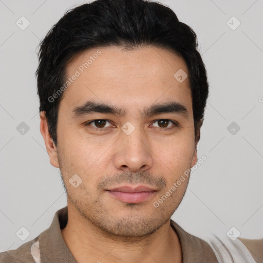 Neutral asian young-adult male with short  black hair and brown eyes