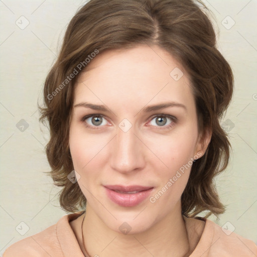 Joyful white young-adult female with medium  brown hair and green eyes