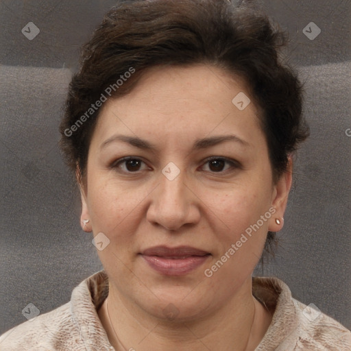 Joyful white adult female with short  brown hair and brown eyes