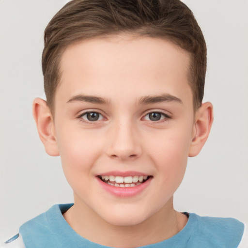 Joyful white child female with short  brown hair and brown eyes