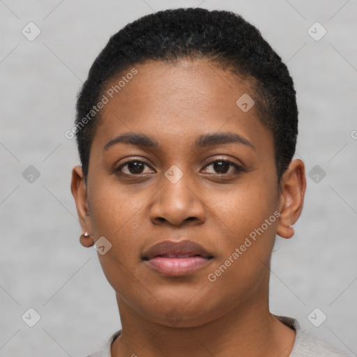 Joyful black young-adult female with short  brown hair and brown eyes