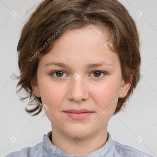 Joyful white child female with medium  brown hair and brown eyes