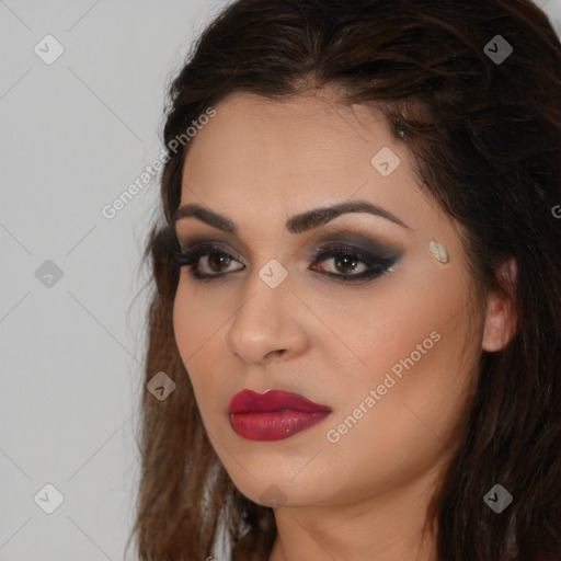 Neutral white young-adult female with long  brown hair and brown eyes