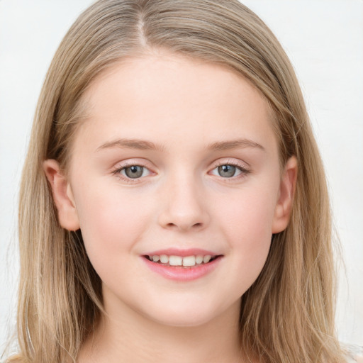 Joyful white child female with long  brown hair and grey eyes