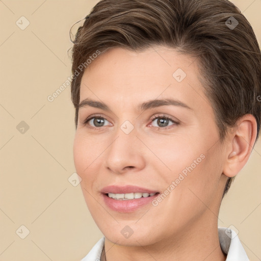 Joyful white young-adult female with short  brown hair and brown eyes