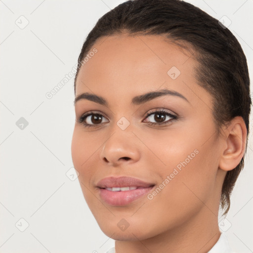 Joyful white young-adult female with short  brown hair and brown eyes