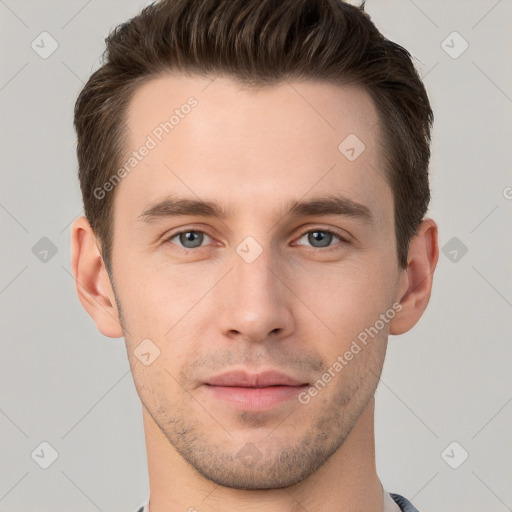 Neutral white young-adult male with short  brown hair and brown eyes