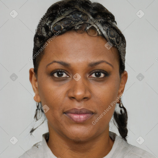Neutral black young-adult female with short  brown hair and brown eyes