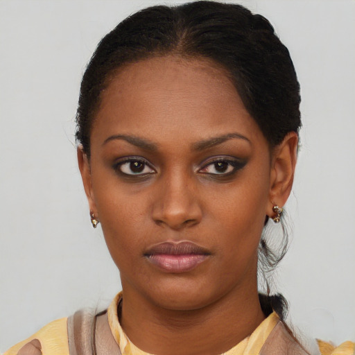 Neutral latino young-adult female with medium  brown hair and brown eyes