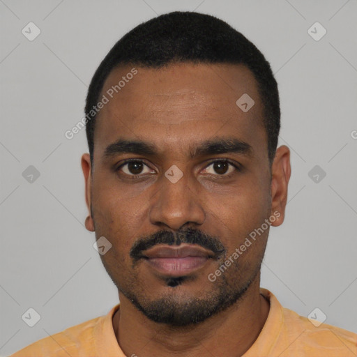 Neutral black young-adult male with short  black hair and brown eyes