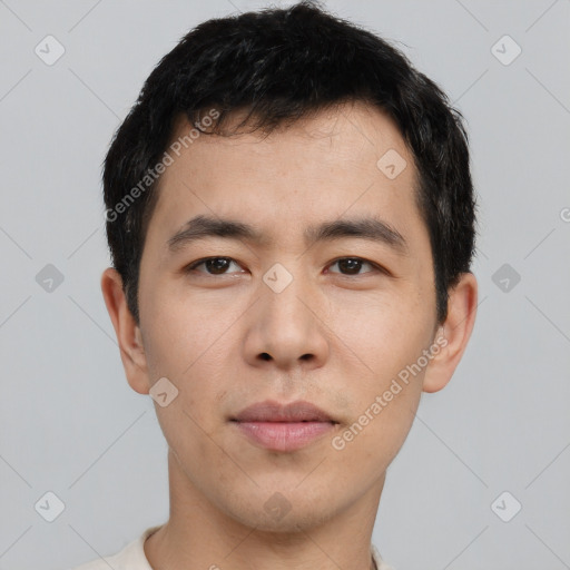 Neutral asian young-adult male with short  black hair and brown eyes