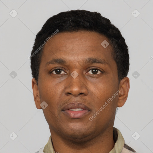 Neutral black young-adult male with short  brown hair and brown eyes