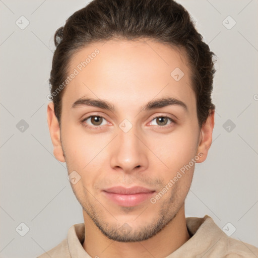 Neutral white young-adult male with short  brown hair and brown eyes