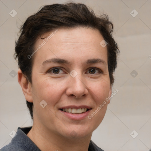 Joyful white adult female with short  brown hair and brown eyes