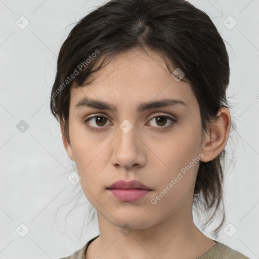 Neutral white young-adult female with medium  brown hair and brown eyes