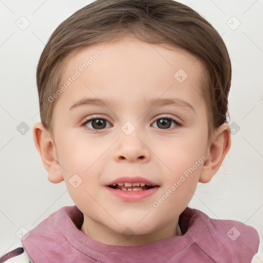 Joyful white child female with short  brown hair and grey eyes