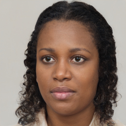 Neutral black young-adult female with long  black hair and brown eyes