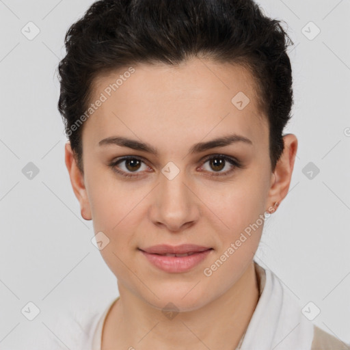 Joyful white young-adult female with short  brown hair and brown eyes