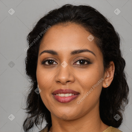 Joyful latino young-adult female with medium  black hair and brown eyes